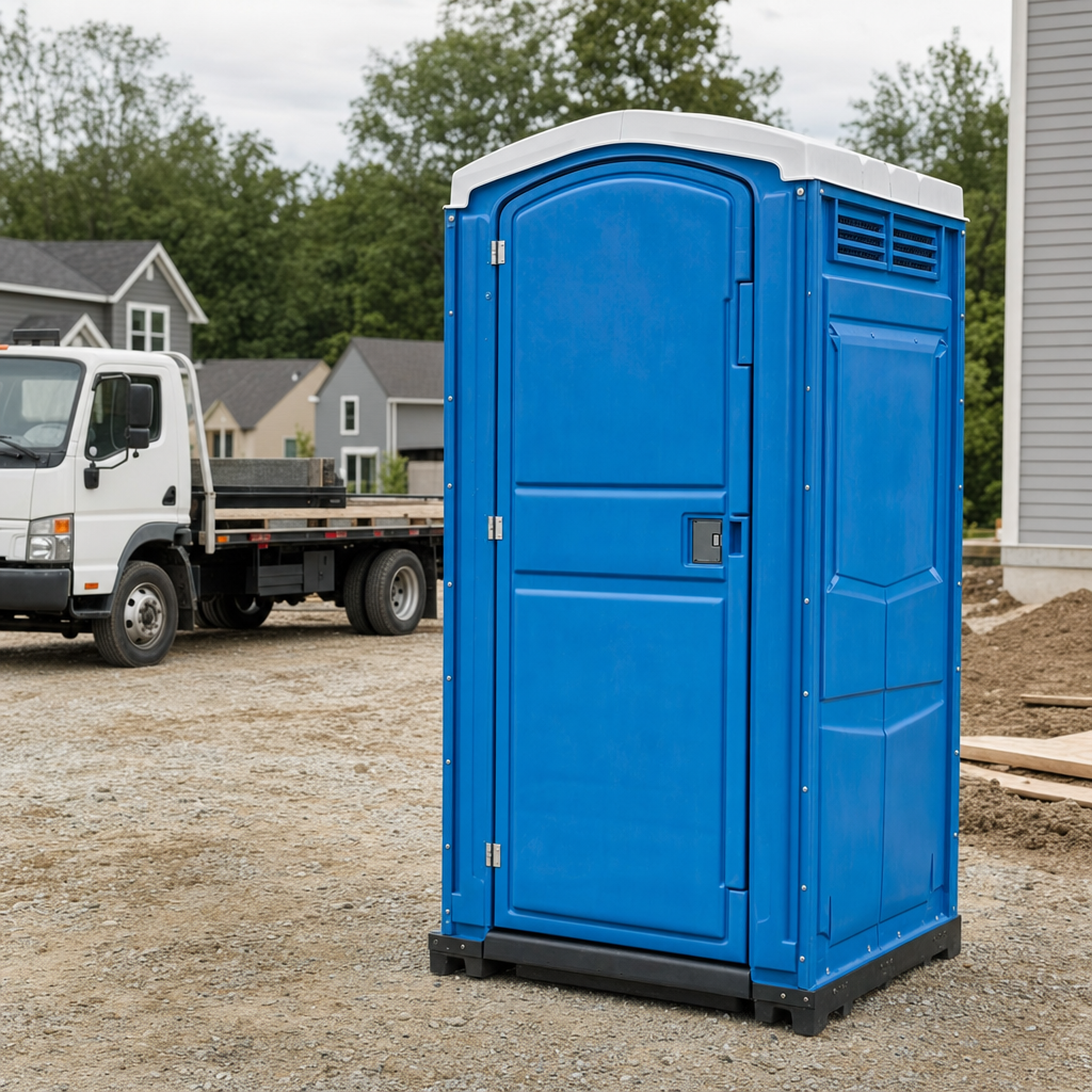 Delivery driver positioning a clean royal-blue portable toilet on level ground at a Des Moines worksite