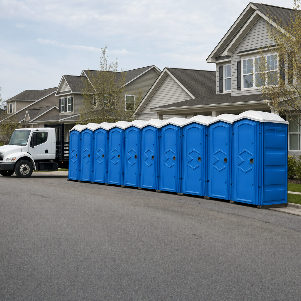 Royal blue portable toilets staged in a tidy row at a Des Moines jobsite, ready for delivery